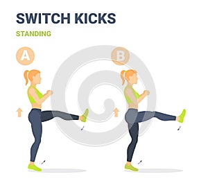 Switch Kicks Girl Home Workout Exercise Guidance. Athletic Female Doing Kicks Switching Legs Routine photo