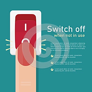 Switch off when not in use concept with The finger is pressing to switch off the light vector design