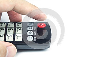 Switch off Television with TV remote control isolated on white b