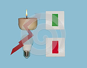 switch that turns off the light bulb and lights the candle, energy electricity crisis, creative design, global problem