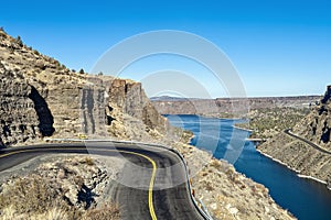 A switchback on SW Jordan Road overlooks the Deschutes River at Cove Palisades State Park, Oregon, USA