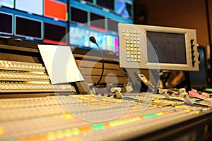 Switcher buttons in studio TV station, Audio and Video Production Switcher of Television Broadcast.