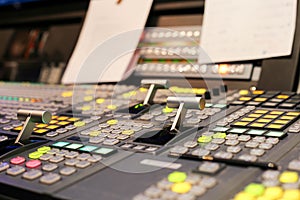 Switcher buttons in studio TV station, Audio and Video Production Switcher of Television Broadcast.