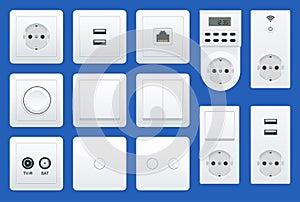 Switches and sockets set. All types. AC power sockets realistic illustration