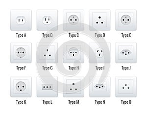 Interruttore un prese impostato. qualunque cosa tipi. energia prese realistico illustrazioni 