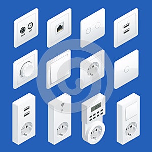 Isometric Switches and Sockets set. AC power sockets realistic illustration