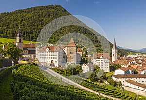 Switzerland - Chur - Towers, roofs, churches and town hall of Ch