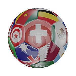 Switzerland flag among other world flags on 3D soccer ball. Isolated on white. Qatar 2022