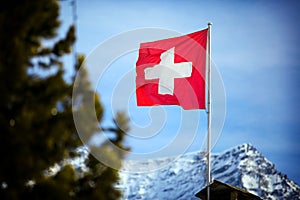 Switzerland flag Over Swiss Mountains