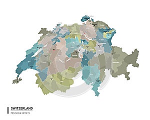 Switzerland higt detailed map with subdivisions. Administrative map of Switzerland with districts and cities name, colored by