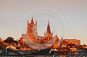 Switzerland. Lausanne. View of the Gothic cathedral, sunset.