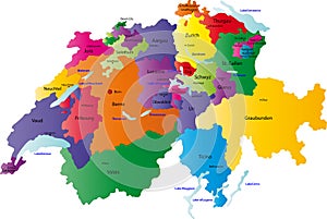 Švajčiarsko mapa navrhnuté v ilustrácia s regiónmi, farebné v jasných farbách a s hlavnými mestami.