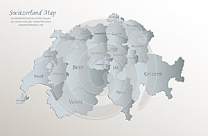 Switzerland map, administrative division with names, white blue card paper 3D