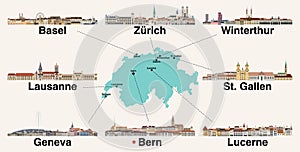 Switzerland map with main cities skylines. Vector illustration