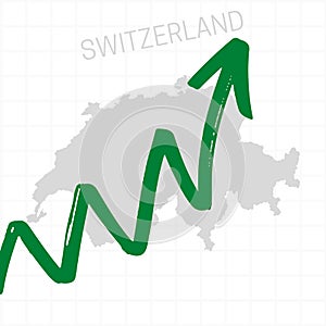 Switzerland map with rising arrow showing economic growth.