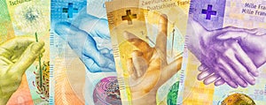Switzerland money, panorama from Swiss banknotes, banking and finance concept, Swiss franc exchange rate, financial banner, close