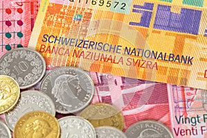 Switzerland money swiss franc banknote and coins