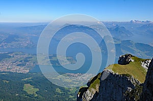 Switzerland: The panoramic view from Mount Pilatus down to lake lucerne and the villlages around