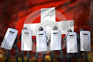 Switzerland police swat in heavy smoke and fire protecting state against revolt - protest fighting concept, military 3D