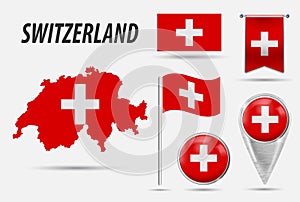 SWITZERLAND. Set flag, map pointer, button, waving flag, symbol, flat icon and map in the colors of the flag. Vector illustration