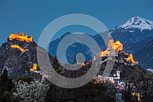 Switzerland, Valais, Sion, Night Shot of the two Castles photo