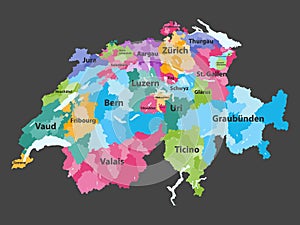 Switzerland vector map colored by cantons with districts boundaries