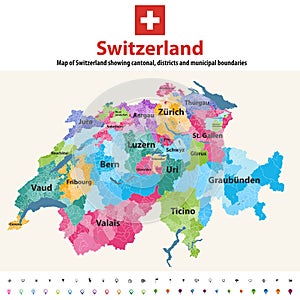 Switzerland vector map showing cantonal, districts and municipal boundaries. Map colored by cantons and inside each canton by dist photo