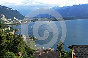 Switzerland: The view from Glion above Montreux city and lake Geneva to the canton Wallis