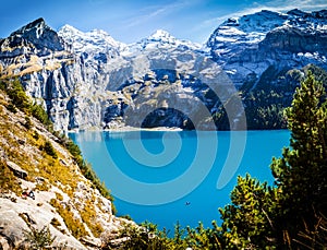 Switzerland view of lake Oeschinen, Oeschinensee, in Kandersteg