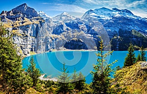 Switzerland view of lake Oeschinen, Oeschinensee, in Kandersteg