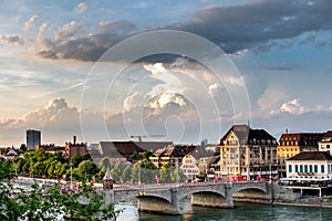 Switzerland, view on the mittlere bruecke at the River Rhein in Basel