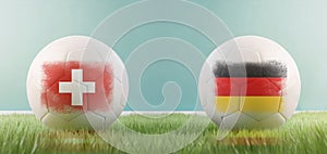 Switzerland vs Germany football match infographic template for Euro 2024 matchday scoreline announcement. Two soccer balls with