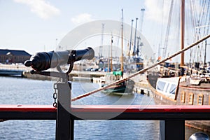 The swiver cannon of the Etoile du Roy, a corsair frigate docked in Saint Malo, Brittany, France