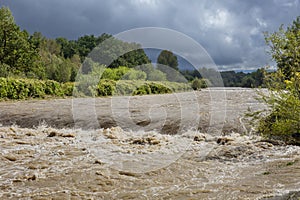 A swollen river after heavy rainfall