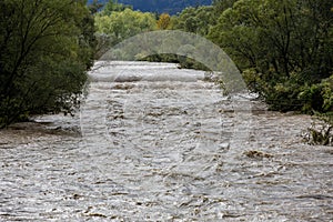 A swollen river after heavy rainfall