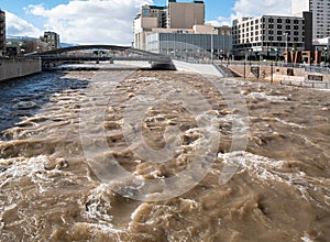 Swollen Truckee River in downtown Reno, Nevada