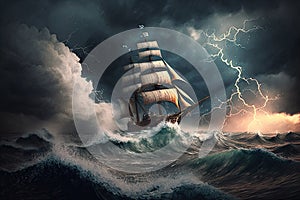 swooping waves on sea sailing in a storm among lightning and clouds