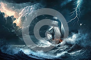 swooping waves on sea sailing in a storm among lightning and clouds