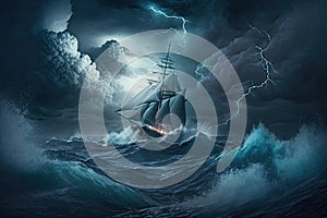 swooping waves on sea sailing in a storm among lightning and clouds