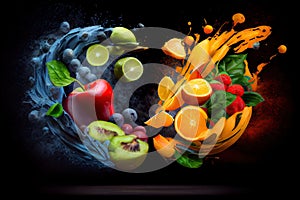 swoosh of fruits and vegetables in the air, creating fruit jujitsu combination for victory