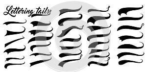 Swoosh and swash typography tails shape. Underline retro swoop wave line for athletic tshirt. Vector strockes set