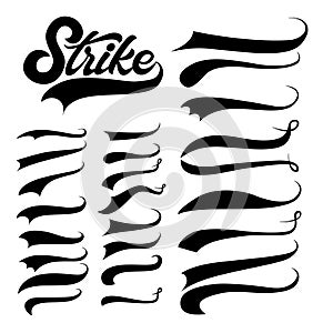 Swoosh and swash typography tails shape. Underline retro swoop wave line for athletic tshirt. Vector strockes set