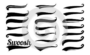 Swoosh tails. Swirl sport typography element, isolated curly text pennants. Black retro calligraphy strokes or ornament