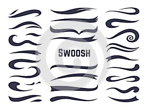 Swooshes and swashes. Underline swish tails for sport text logos, swirl calligraphic font line decoration element