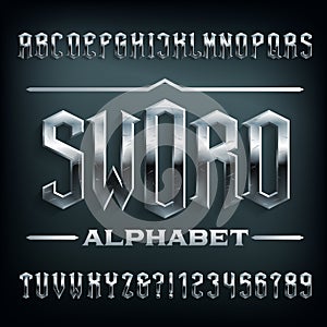 Sword alphabet font. Scratched metal medieval letters.