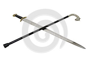 Sword crossed with silver handled cane photo