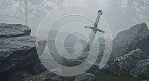 A sword is embedded in a large rock amidst a misty, forested landscape. The photo