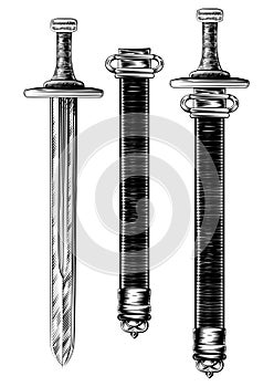 Meč ryté dřevoryt lept ilustrace 