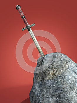 sword excalibur King Arthur stuck in the rock stone isolated render. metaphor of candidate applicant test