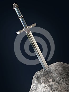 sword excalibur King Arthur stuck in the rock stone isolated render. metaphor of candidate applicant test photo